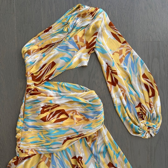 Bronx and Banco Jafari Isla Dress Yellow One Shoulder Maxi Floral Cut Out Sz XS - Picture 6 of 11